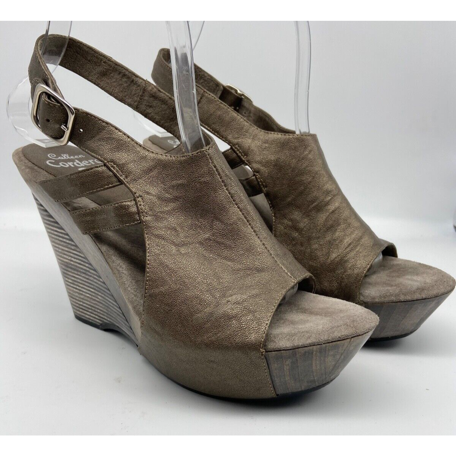 Calleen Cordero Sandals Womens Sz 8 Brown Metallic Leather Sling Back Wedges